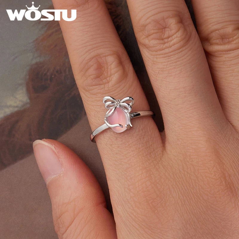 WOSTU 925 Sterling Silver Pink Crystal Bow Open Ring For Women Handme butterfly Adjustable ring Party Gift Girl Birthday Gift