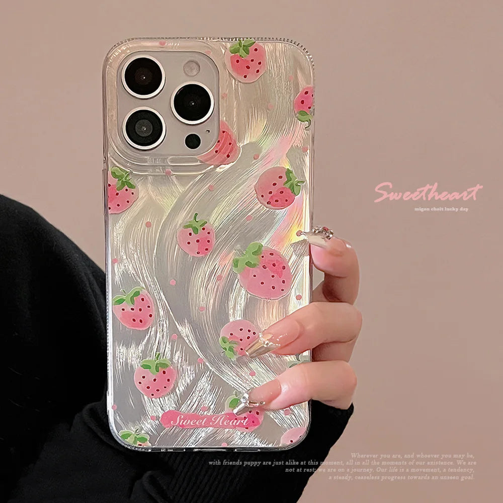 Luxuriöse, silberfarbene Laser-Handyhülle mit fröhlichem Muster für iPhone 11, 13, 14, 11, 12, 15, 16 Pro Max, XR, X, XS, 7, 8 Plus, SE2 – stoßfest