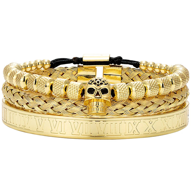 MKENDN Luxury 3pcs/Set Skull Charm Black Bracelet Stainless Steel Men Roman Number Bangles Europe Fashion Couple Jewelry