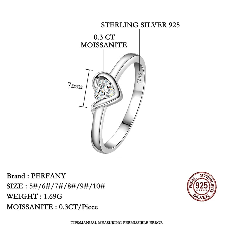 PERFANY 0.3CT Heart Cut Moissanite Ring for Women S925 Pure Silver Plated 18K Rose Gold laboratory diamond wedding jewelry