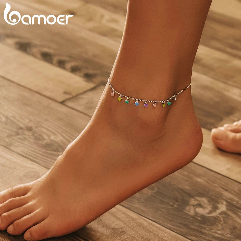 bamoer 925 Sterling Silver Enamel Heart Pendant Chain Anklet for Women Summer Foot Bracelet Feet Jewelry 2020 New SCT020