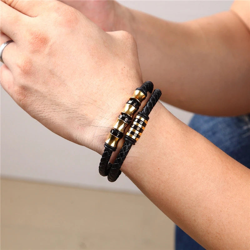 MKENDN Punk Genuine Leather Bracelet Double Layer Black Stainless Steel Magnetic Button For Men Unisex Accessories Jewelry