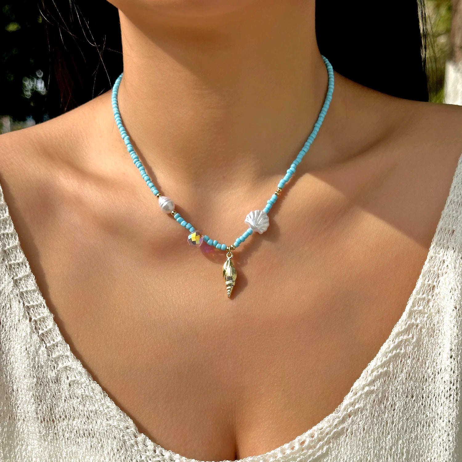 Simple Colorful Ceramic Fish Irregular Stone Beaded Necklace For Women Conch Starfish Shell Pendant Rice Beads Choker Jewelry