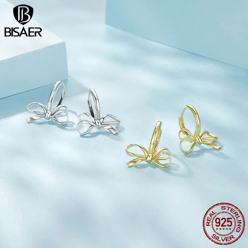 BISAER 925 Sterling Silver Simple Bow Ear Buckles Bowknot Classic Hypoallergenic Earrings Plated Gold for Women Fine Jewelry