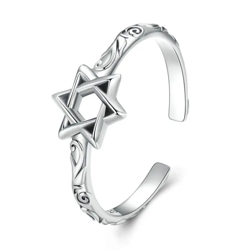 WOSTU Real 925 Sterling Silver Vintage Hexagram Rings Star Stud Earrings For Women Hollow Out Earring Adjustable Guardian Rings