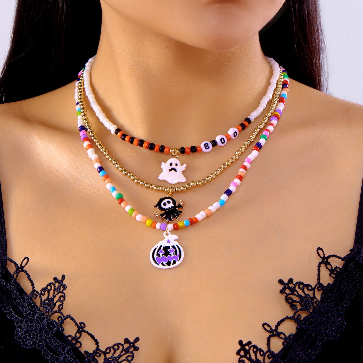 Halloween Mixed Color Rice Beads Necklace for Women Ghost Pumpkin Skull Black Bat Pendant Beaded Clavicle Choker Party Jewelry