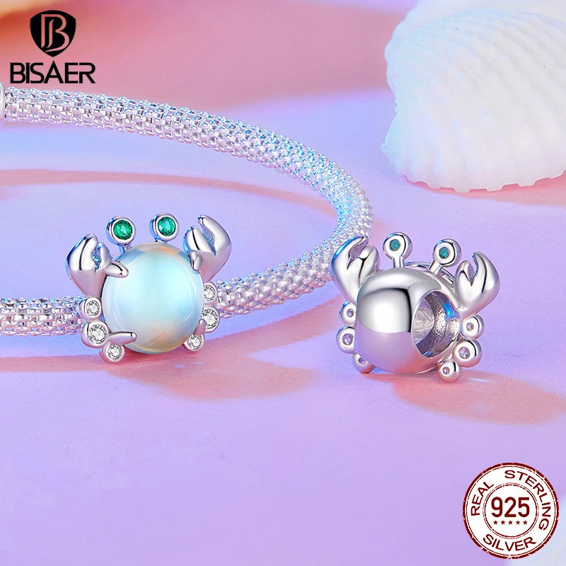BISAER 925 Sterling Silver Butterfly Flower Silicone Charm Bead Dragonfly Crab Pendant For Women Girl DIY Bracelets Fine Jewelry