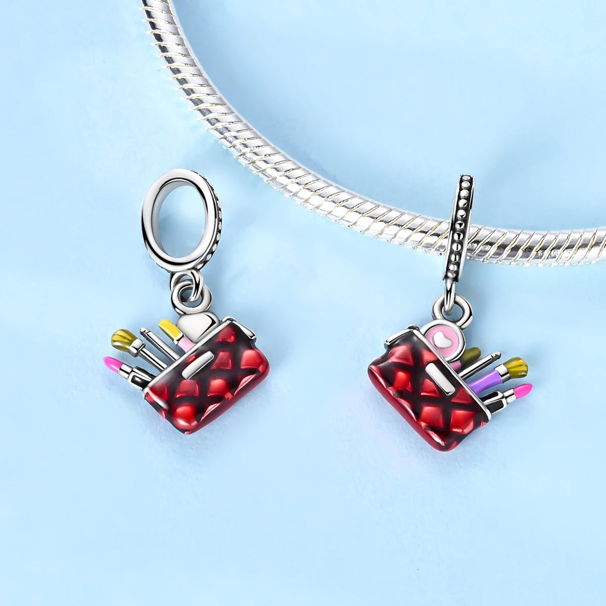 New In 925 Sterling Silver Red Makeup Kit Pendant Beads Charms Fine Jewelry Fit Original 925 Bracelet For Women DIY Gift