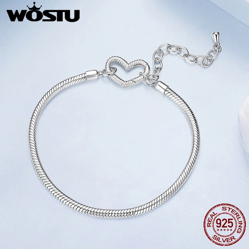 WOSTU 925 Sterling Silver Adjustable Basic Heart Bangle Bracele Pet paw Hollow Charms Star Heart Beads Original DIY Jewelry Gift