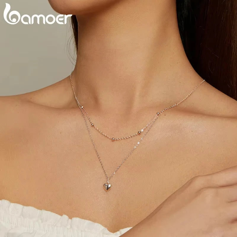 BAMOER 925 Sterling Silver Romantic Heart Pendant Necklace for Women Gold Double Layer Choker Female Fine Jewelry Anniversary