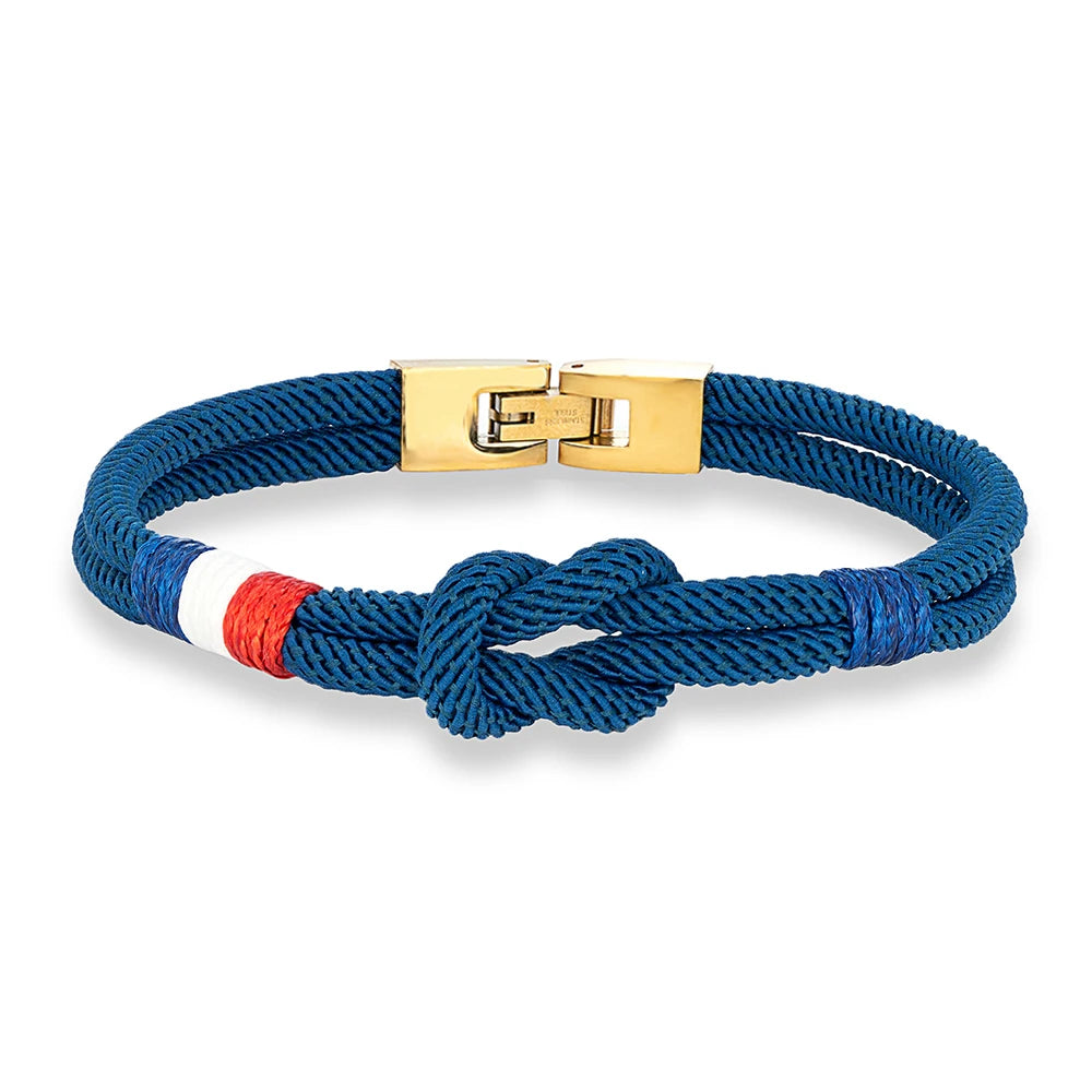 MKENDN Gold Plated Stainless Steel Square Knot Rope Bracelet Men Women Handmade Woven Double-Layer Design France USA Flag Gifts