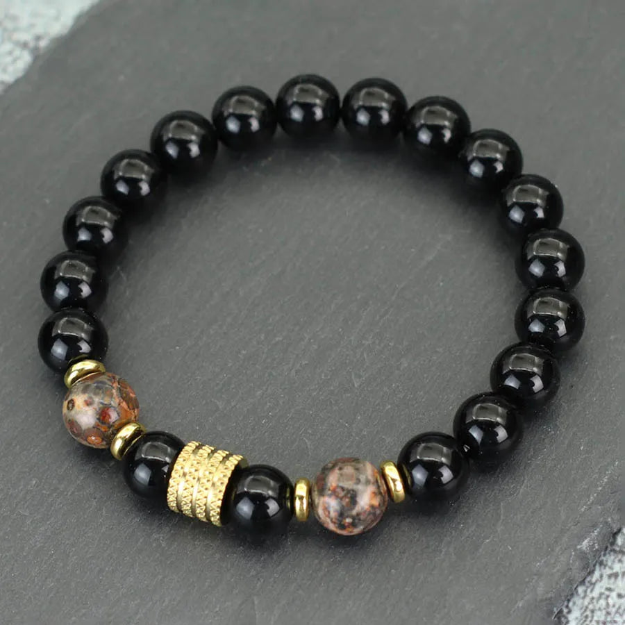 Stylish 10mm Obsidian Stone Energy Bracelet For Men Gold Color Stainless Steel Charm Strand Braslet Hematite Healing Braclet