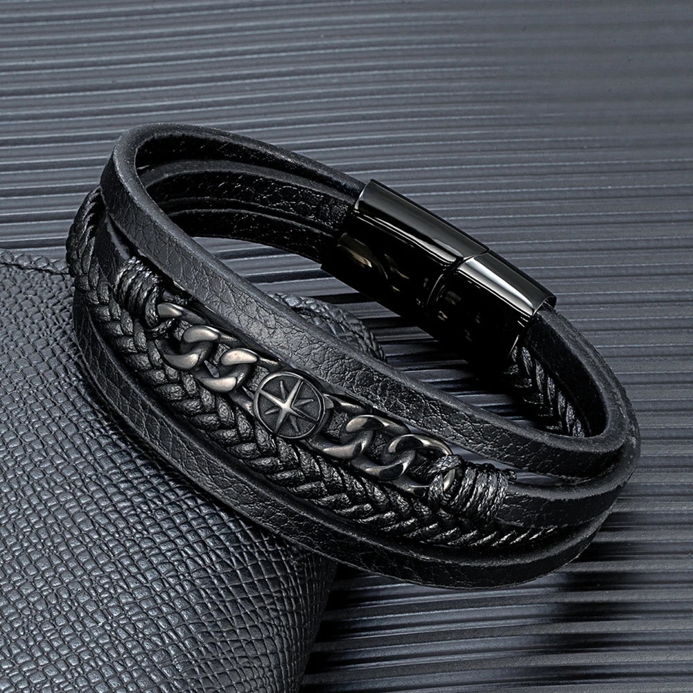 MKENDN Fashion Viking Handwoven Leather Bracelet Stainless Steel Clasp Multilayer Cufflinks Bracelet Men's Punk Rock Jewelry