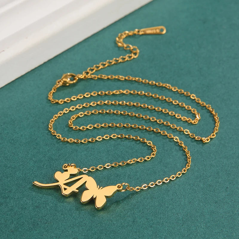 New Fashion 26 Initials Letter Pendant Butterfly Necklace for Women Elegant Stainless Steel Gold Color Necklace Jewelry Gift