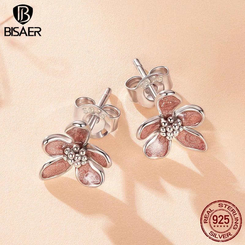 BISAER Autumn Flowers Stud Earrings 925 Sterling Silver Yellow Enamel Process Stud Ear for Women Party Fine Jewelry Gifts