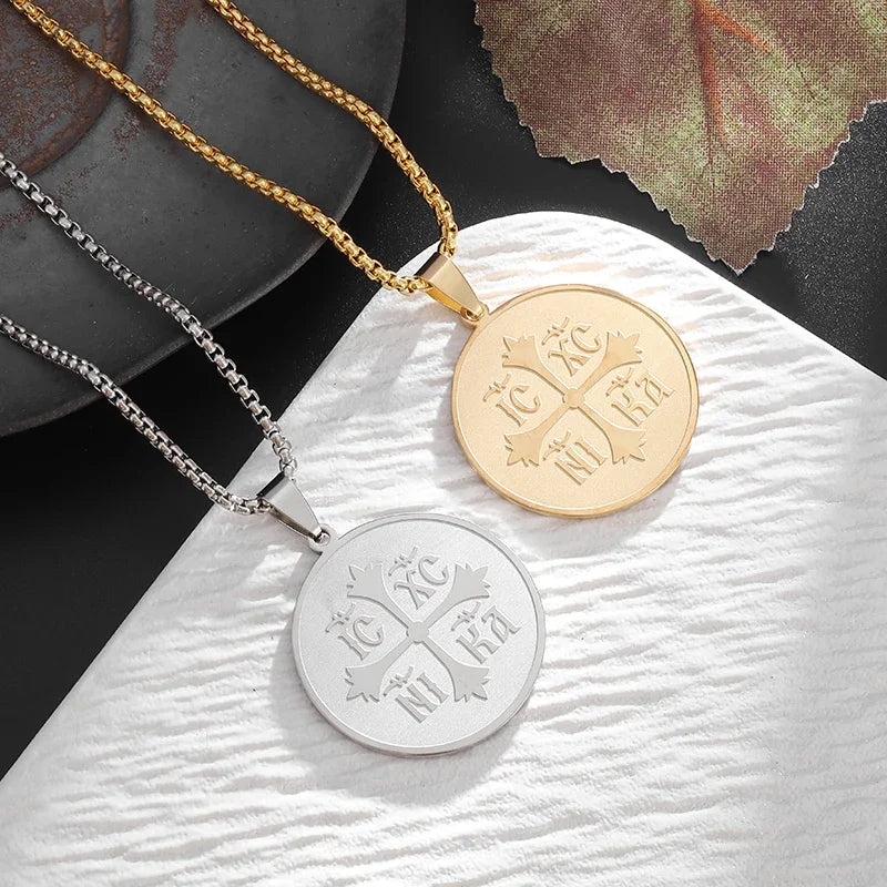 Stainless Steel Cross Coin Medal Pendant Necklace for Men Women Fashion Lucky Amulet Jewelry Gift