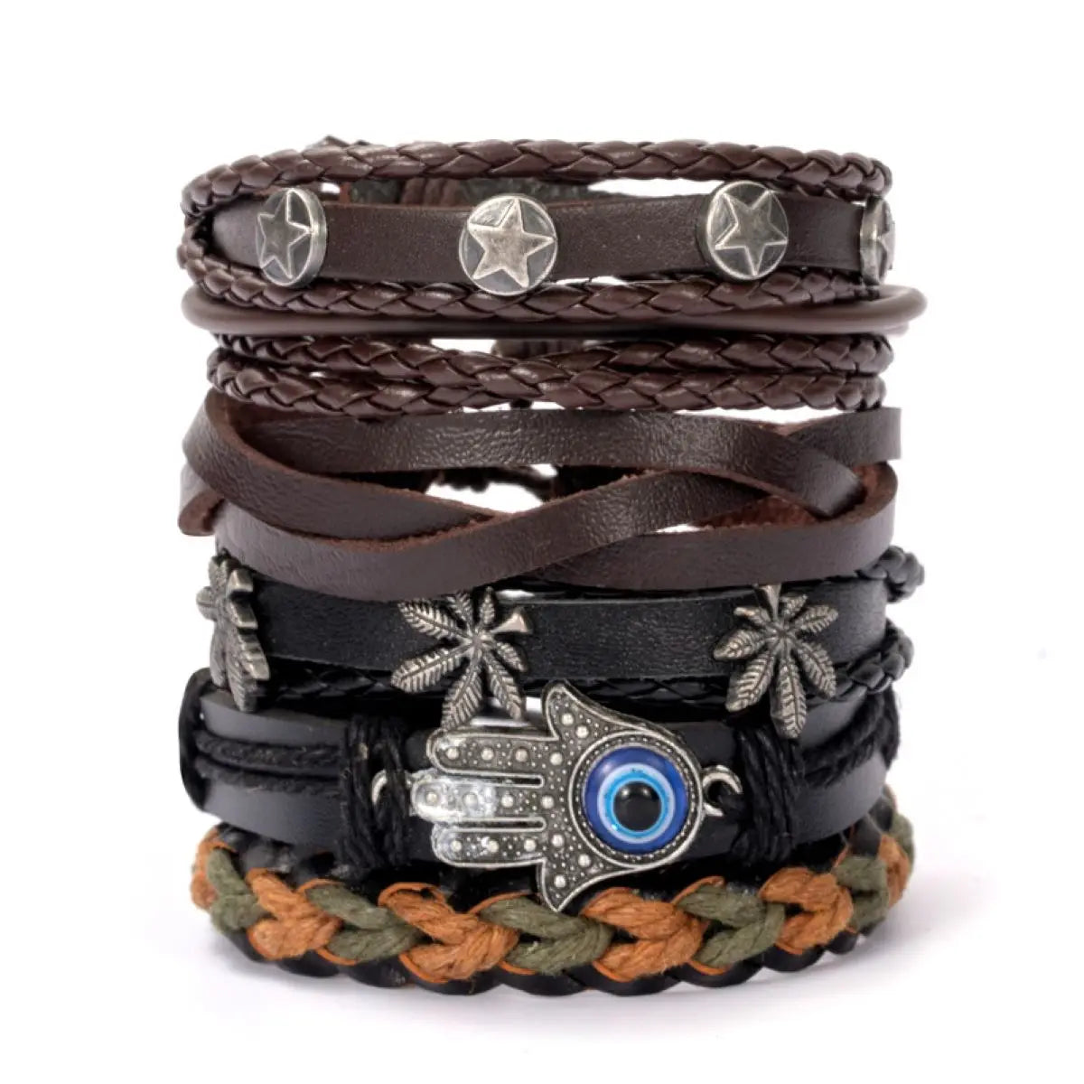 Fashion Black Skull Multi-layer Beaded Hand Leather Bracelet for Men Set Adjustable DIY Leather Winding Hand Rope