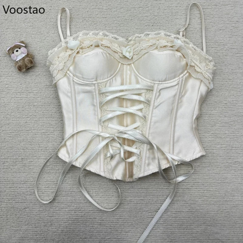 Sweet Harajuku Lolita Princess Skirt Suits Japanese Design Sense Women Bow Tank Tops Mini Cake Skirts Lace Hot Chick 2 Piece Set