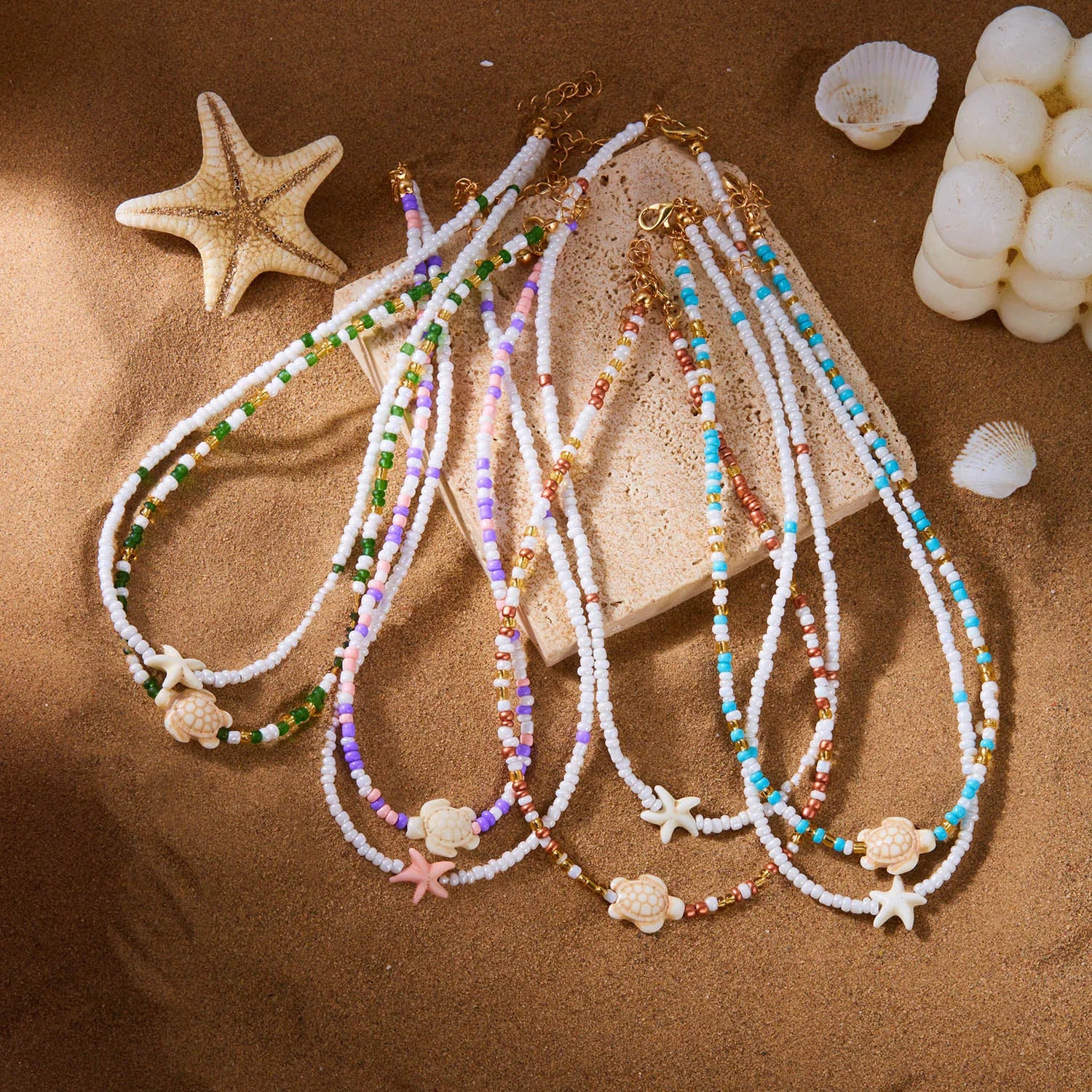 Boho Bohemian Sea Shell Starfish Pendant Necklaces For Women Double Layered Tortoise Imitation Pearl Bead Chain Beach Jewelry