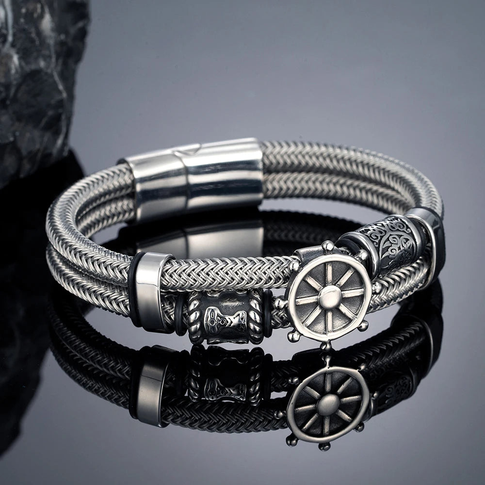 MKENDN Norse Mythology Viking Rudder Runes Amulet Bracelet for Men Stainless Steel Non-fading Steel Wire Rope Bracelets Gifts