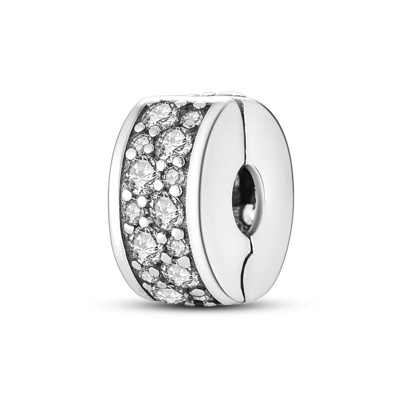 Silver Charm 925 Sterling Silver Clip Charms Safety Chain Charm CZ pave Round Clip Beads Fit Original Bracelet Jewelry Making