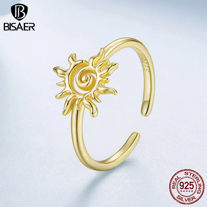BISAER 925 Sterling Silver Sun Open Ring Stackable Eternity Band Plated Gold for Women Party Fine Jewelry EFR709-E