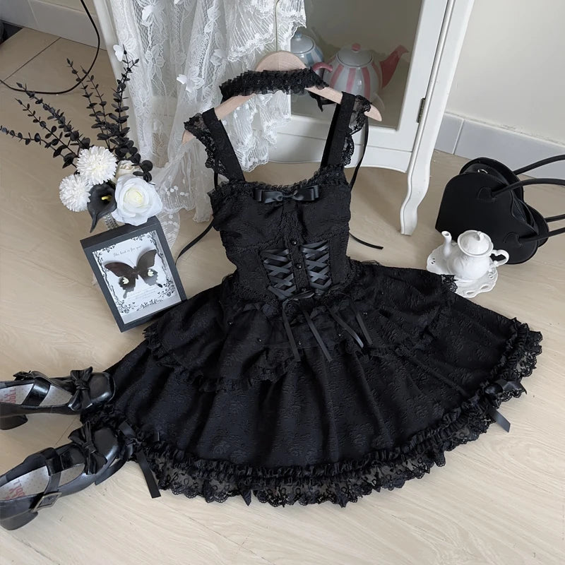 Japanese Sweet Lolita Jsk Dress Women Elegant Ruffles Lace Bandage Princess Strap Dresses Girls Y2k Kawaii Tea Party Mini Dress