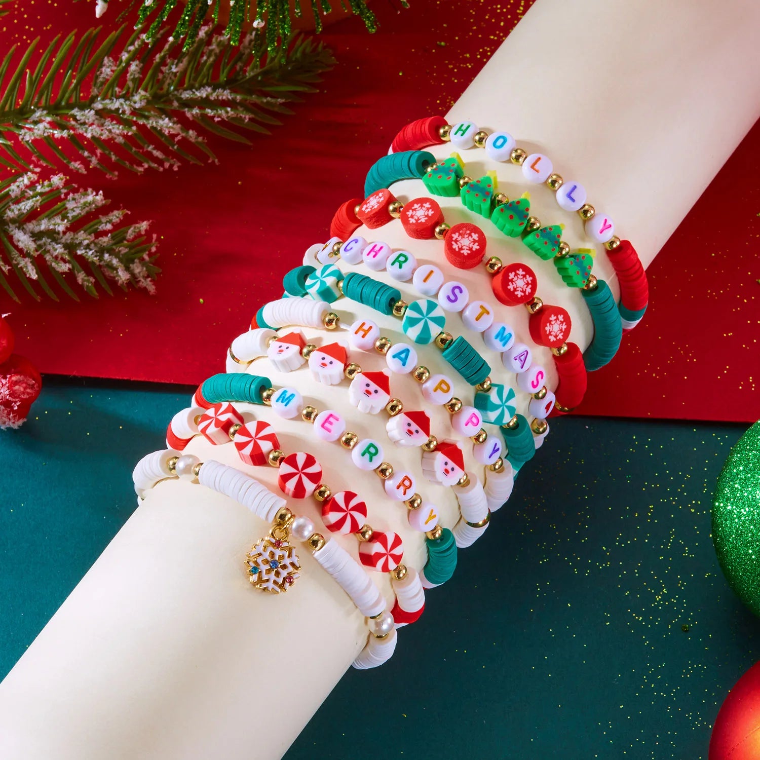 10 Pcs Christmas Crystal Beaded Stackable Bracelet For Women Santa Claus Xmas Tree Snowflake Letter Beads Bangle Party Jewelry