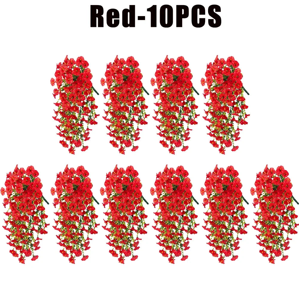 Artificial Hanging Flowers Plants Silk Morning Glory Flowers with Eucalyptus Leaves for Home Garden Porch Window Decoration