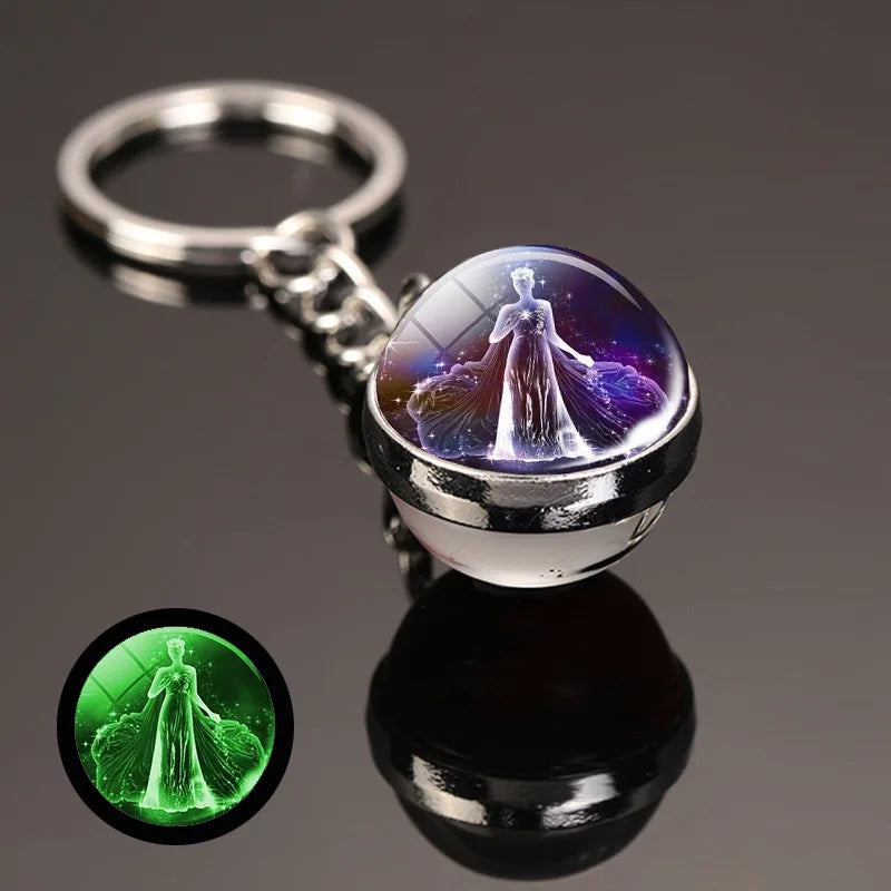 New Design Luminous Crystal Twelve Constellation Keychain Unisex Metal Holder Pendent Key Ring Bag Decoration Gift For Couple