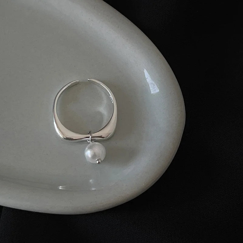 925 Sterling Silver Geometric Pearl Tassel Rings For Women Men Simple Design Fashion Open Adjustable Handmade Couple Ring Gift