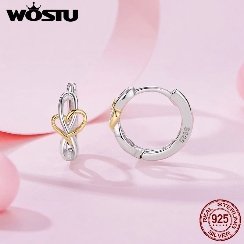 WOSTU Two Tone Gold 925 Sterling Silver Gold Heart Huggies Earrings For Women Lovely Ear Hoops Fine Jewelry Gift