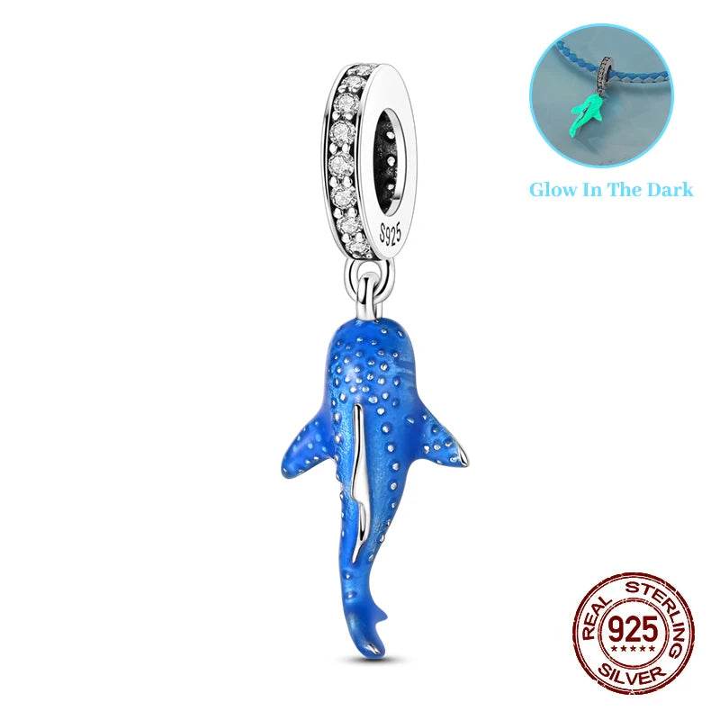 Summer 925 Sterling Silver Luminous Ocean Pendants Crab Whale Shark Charms Beads Fit 925 Original Bracelet Fine DIY Jewelry Gift
