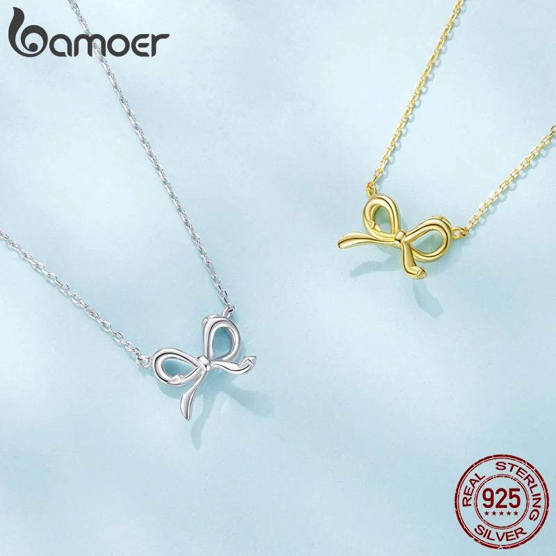 BAMOER 925 Sterling Silver Bowknot Chain Necklace Gold Plated Link Chain with Bow Choker for Women Girls Fashion Jewelry Gifts