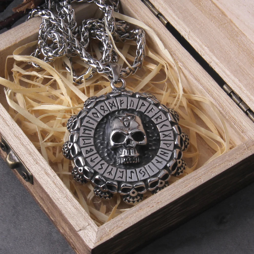 Valknut Skull Warrior Pendant Chain Necklace with Viking Wooden Box