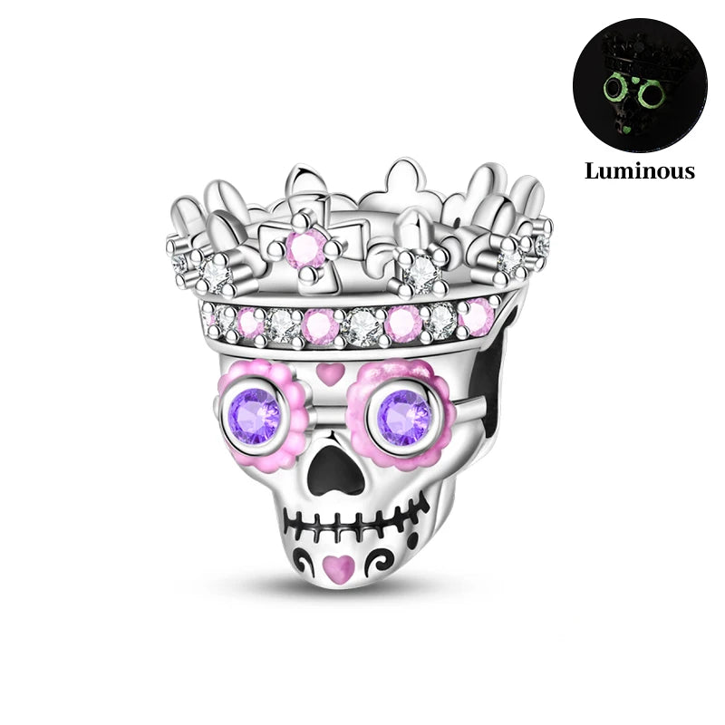 2024 New 925 Sterling Luminous Halloween Skull Witch Pumpkin Candy Charms Beads Fit 3mm Original Bracelets DIY Party Jewelry