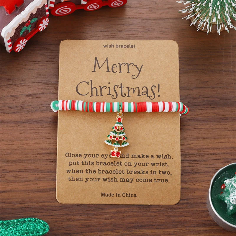 Christmas Bracelet For Women Santa Claus Christmas Tree Snowman Pendant Polymer Clay Bracelets Party Friendship Wish Card Gifts
