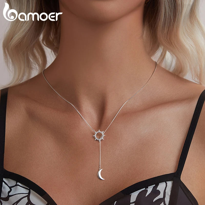 BAMOER White Gold Plated Sun & Moon Y-shaped Necklace, High Quality 925 Sterling Silver Necklace for Women Christmas Gift