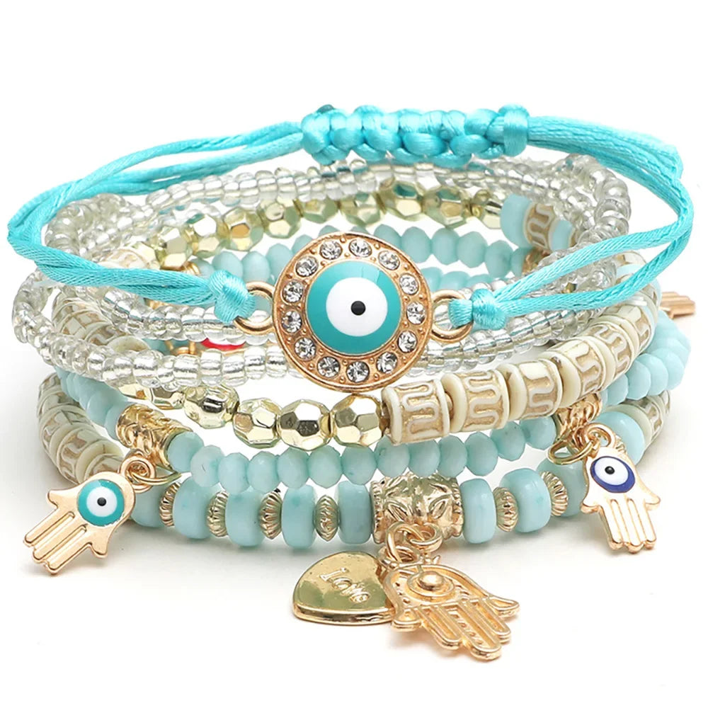 6Pcs Fatima Hand Evil Eye Bracelet Set For Women Heart Charm Beads Rope Chain Bangle Female Bohemian Handmade Jewelry