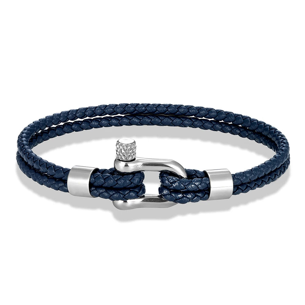 MKENDN Schwarzes Edelstahl-Schäkelarmband, schlichtes zweilagiges blaues Lederarmband für Damen und Herren, handgefertigter nautischer Schmuck