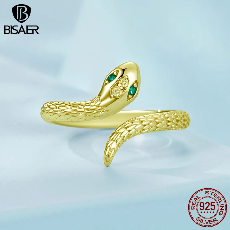 BISAER Solid 925 Sterling Silver Viper Open Ring Snake Green Zircon Eye Eternity Band Plated Gold for Women Party Fine Jewelry