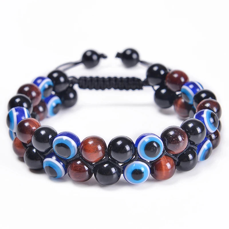 8MM Evil Eye Triple Protection Bracelet Blue Tiger Eye Stone Black Onyx Bracelet Healing Handmade Natural Stone Beads Bracelet