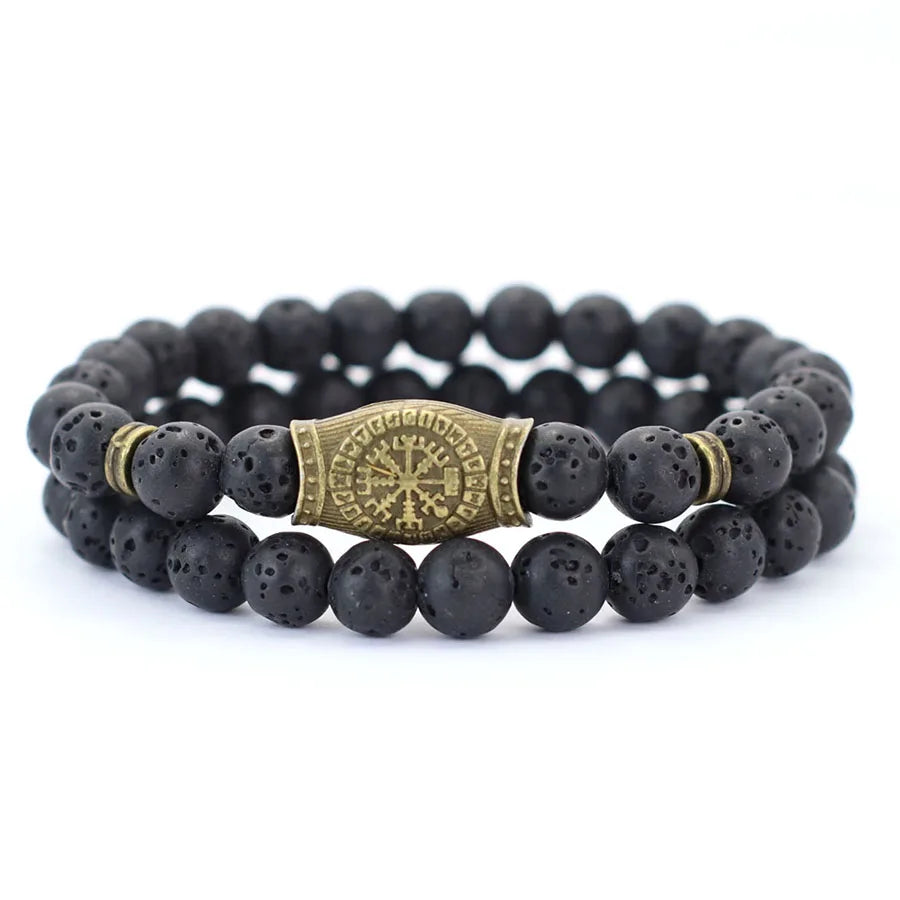 2Pcs Retro Viking Bracelet Set Men 8mm Volcano Howlite Hematite Stone Healing Braslet Meditation Yoga Prayer Strand Braclet Gift