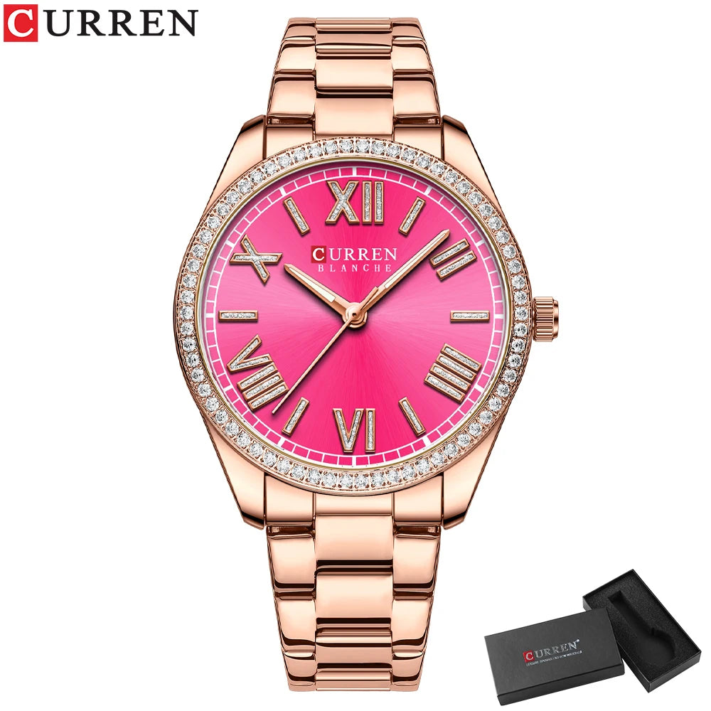 CURREN NEW Luxury Stainless Steel Wristwatches for Ladies Romantic Rose Pink with Rhinestones Roman Numeral Dial