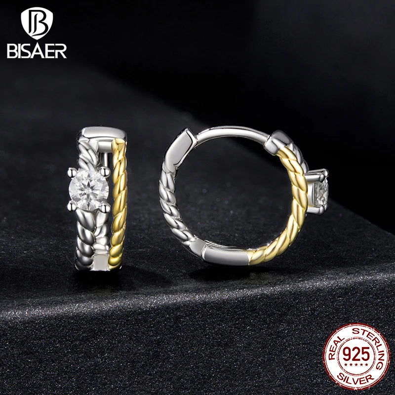 BISAER Exquisite Halo Stud Earrings 925 Sterling Silver Moissanite Two-tone Hoop Earrings for Women Engagement Fine Jewelry Gift