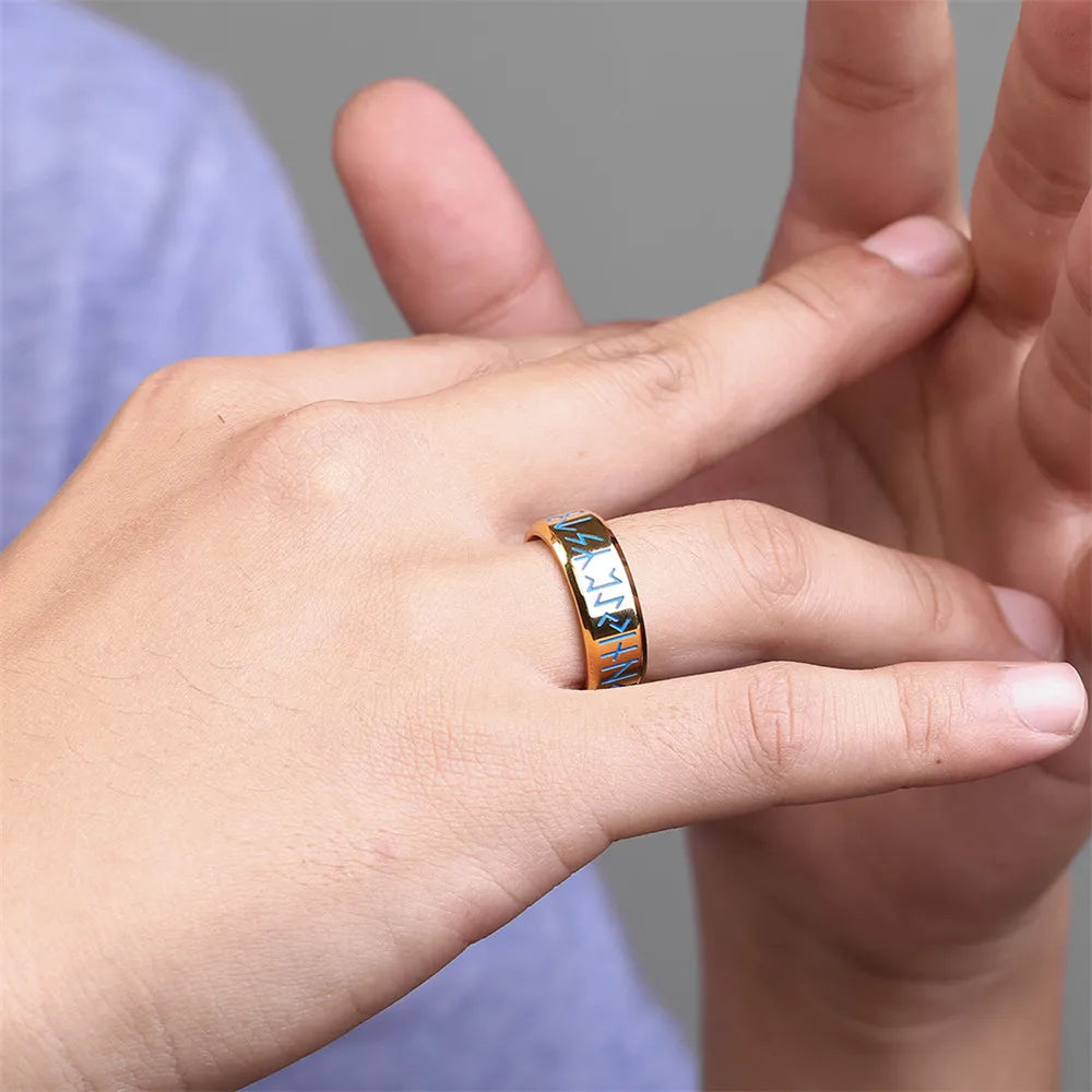 Bague MKENDN Viking Norse Runes Futhark pour homme, en acier inoxydable doré lumineux, amulette Vegvisir, bijou islandais, cadeau