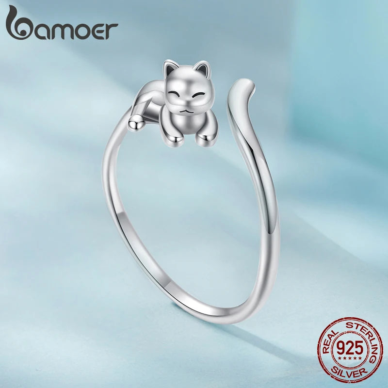 BAMOER 2025 Solid 925 Sterling Silver Cute Cat Adjustable Rings Lovely Cats Animals Open Ring Jewelry for Women SCR1116-E