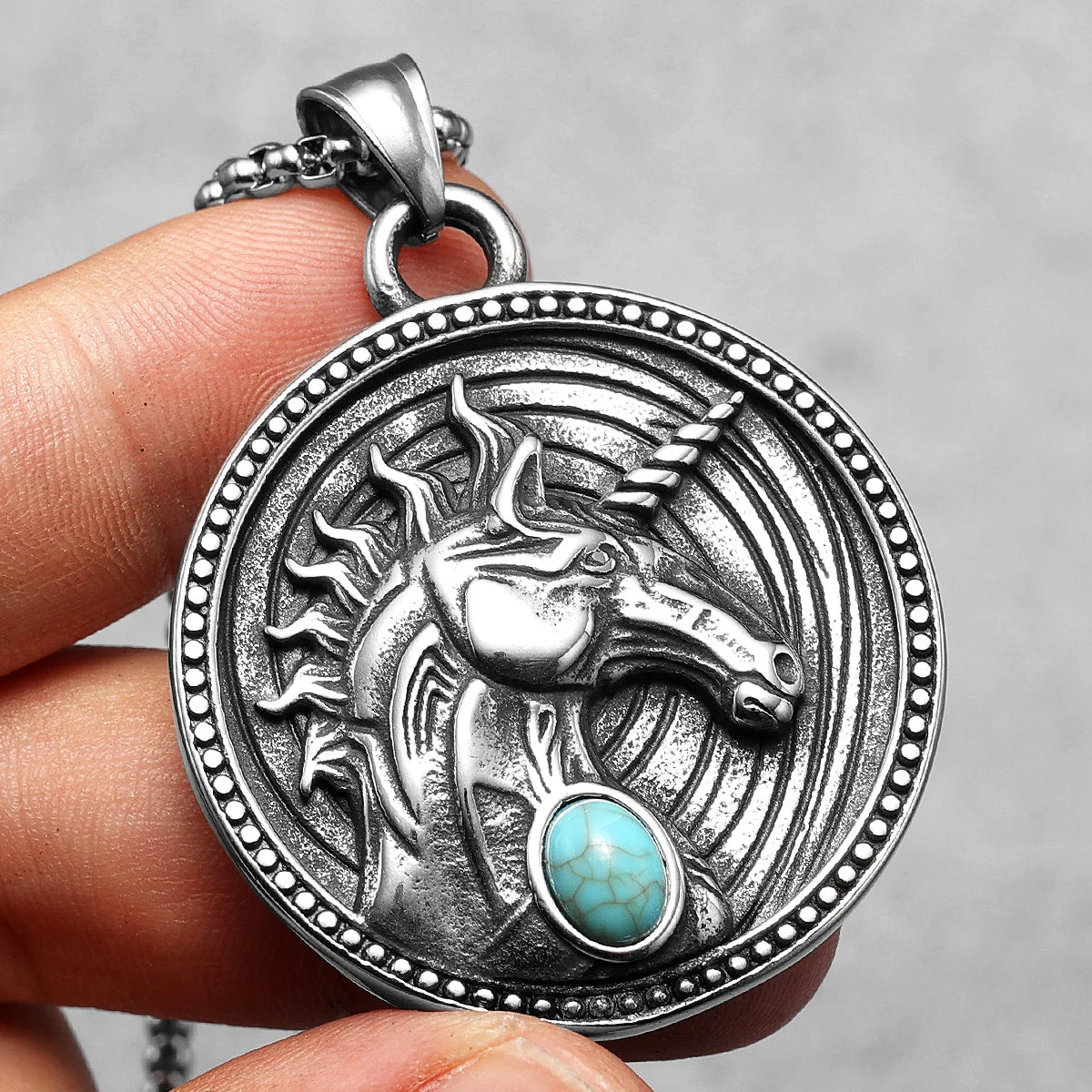 Unicorn Gem Pendants Men Necklaces 316L Stainless Steel Turquoise Chain Rock Hip Hop for Friend Male Jewelry Gift Dropshipping