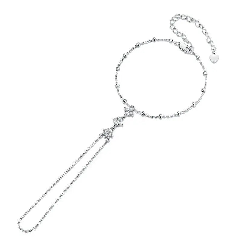 BAMOER 925 Sterling Silver Adjustable Hand Chain Bracelet Four-leaf Clover CZ Finger Ring Link Chain Women Summer Body Jewelry