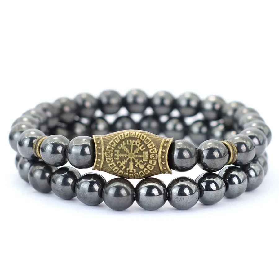 2Pcs Retro Viking Bracelet Set Men 8mm Volcano Howlite Hematite Stone Healing Braslet Meditation Yoga Prayer Strand Braclet Gift